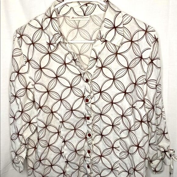 JM Collection Petites Linen Floral Button Down - Picture 1 of 6